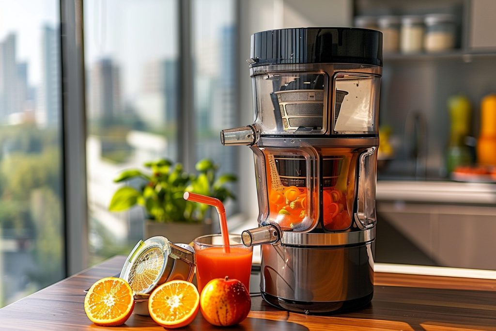 Extracteur de jus vertical et verre de jus d’orange