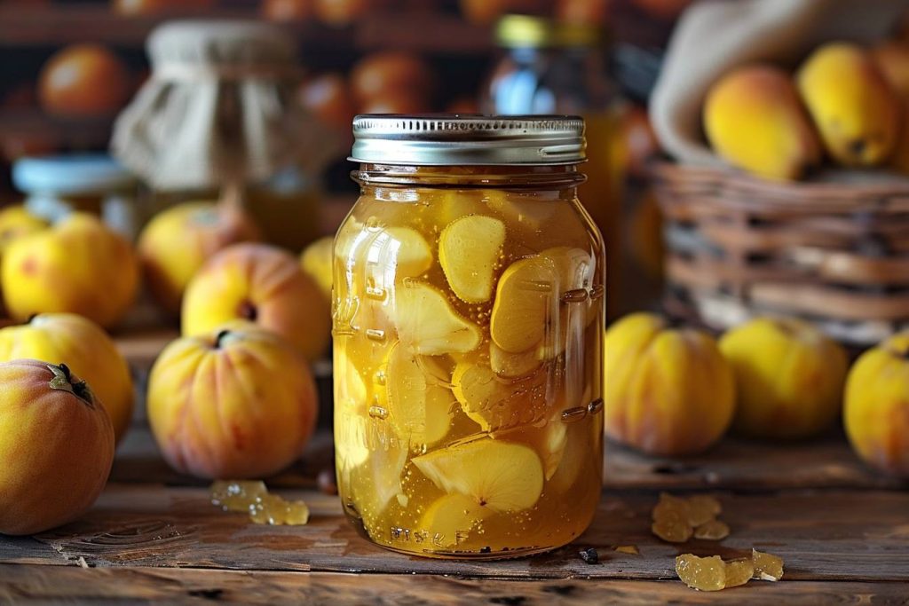 Bocal de coings en conserve sur une table en bois